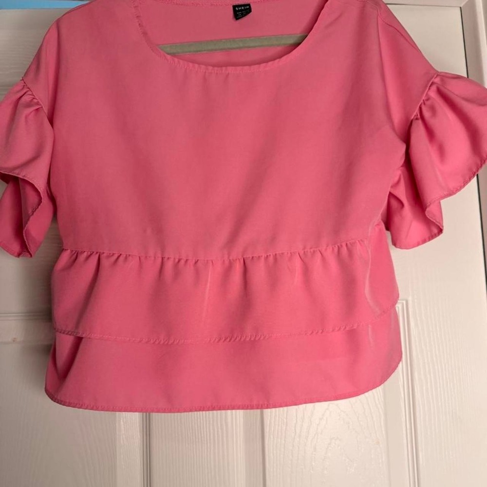 Shein Pink Ruffle Tiered Blouse Short Sleeve Crew Neck Top XS 2